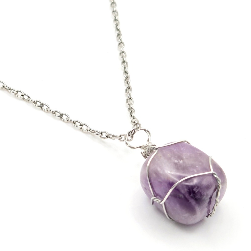 Amethyst Gemstone Crystal Wire Wrapped‎ Pendant Necklace Silver Tone Chain